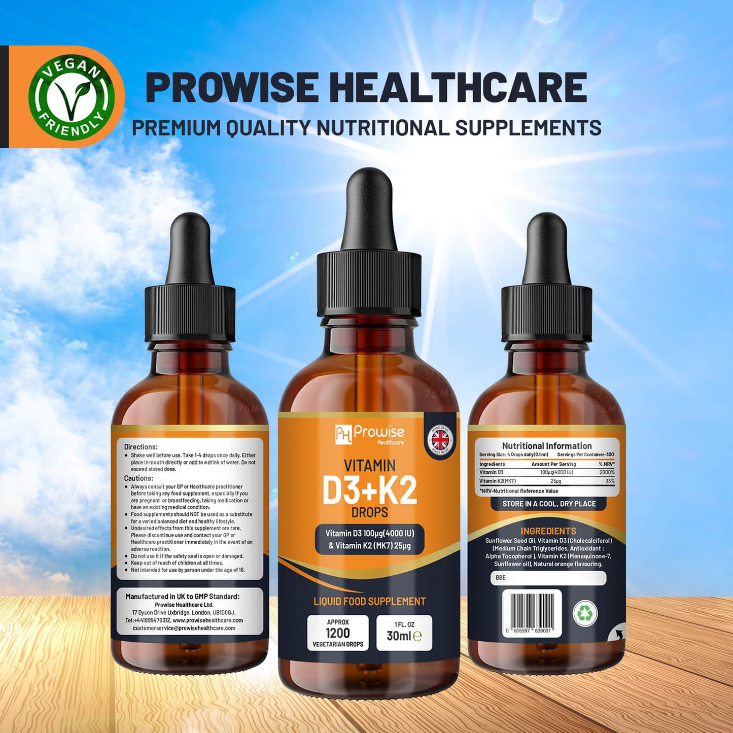 Vitamin D3 4000IU + K2 MK7 25µg Orange Liquid Drops (30ml) | High Strength