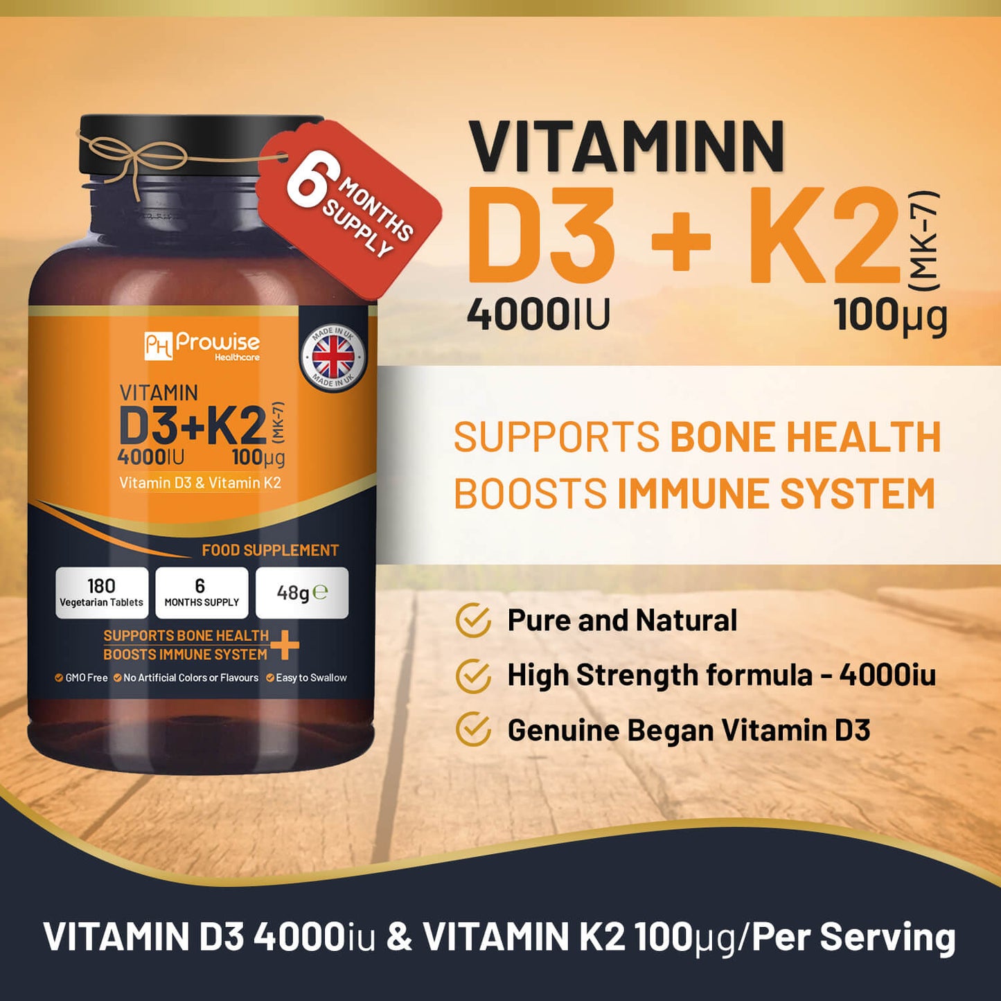 Vitamin D3 4000IU & K2 MK7 100mcg Vegetarian Tablets (180) Immune & Bone Support