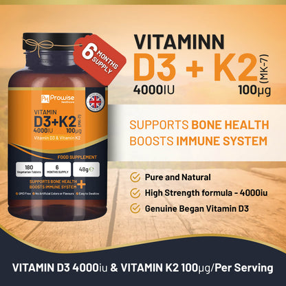 Vitamin D3 4000IU & K2 MK7 100mcg Vegetarian Tablets (180) Immune & Bone Support