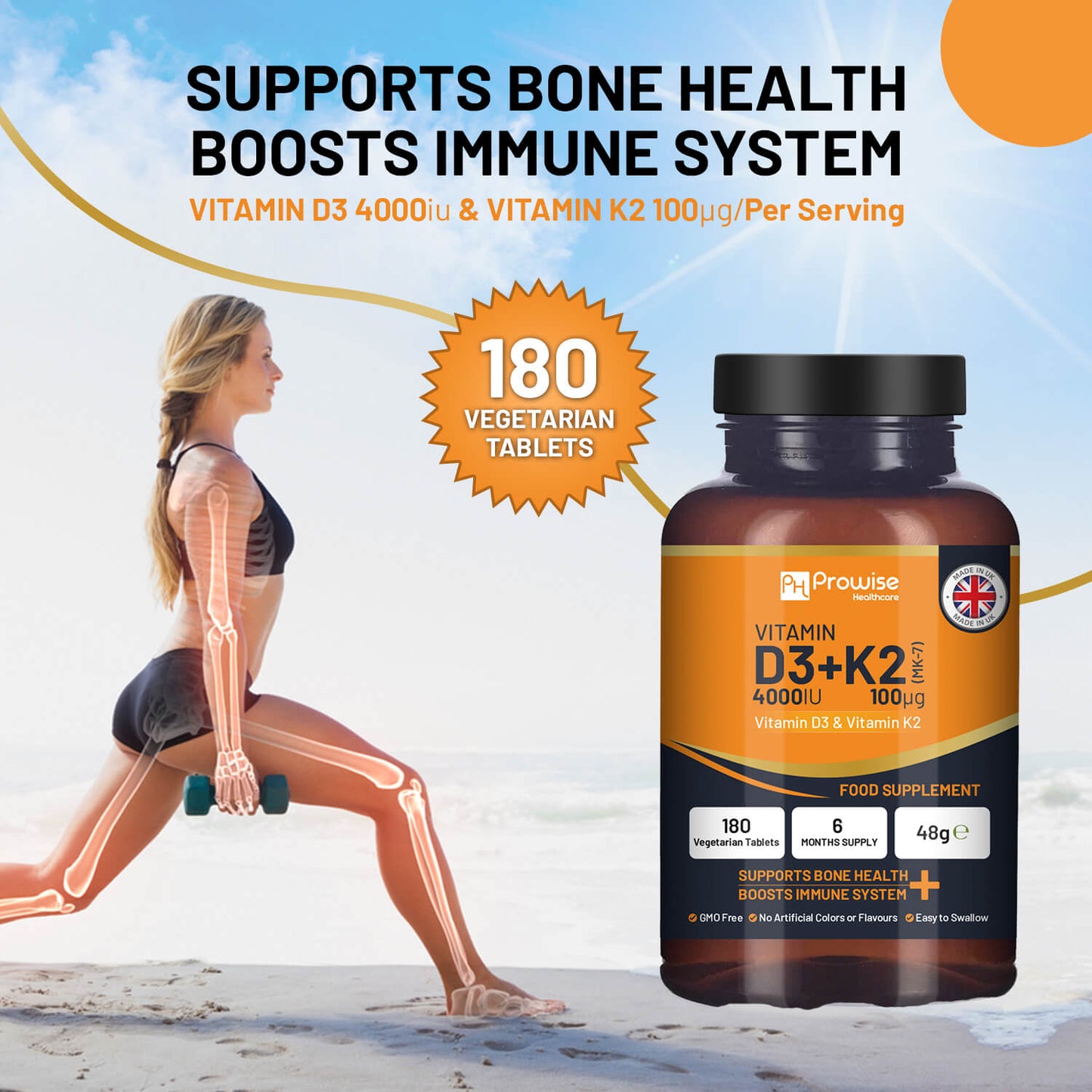 Vitamin D3 4000IU & K2 MK7 100mcg Vegetarian Tablets (180) Immune & Bone Support