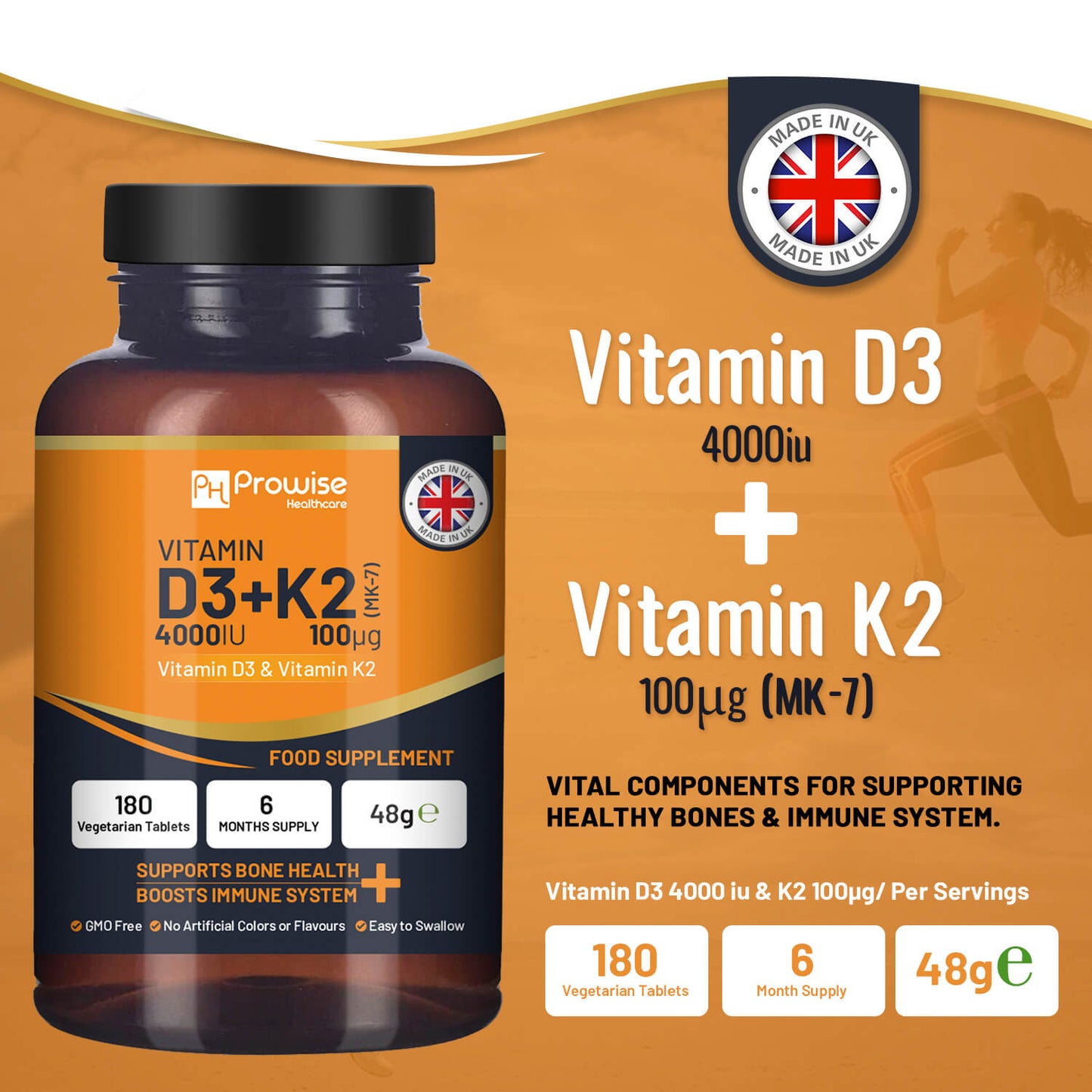 Vitamin D3 4000IU & K2 MK7 100mcg Vegetarian Tablets (180) Immune & Bone Support