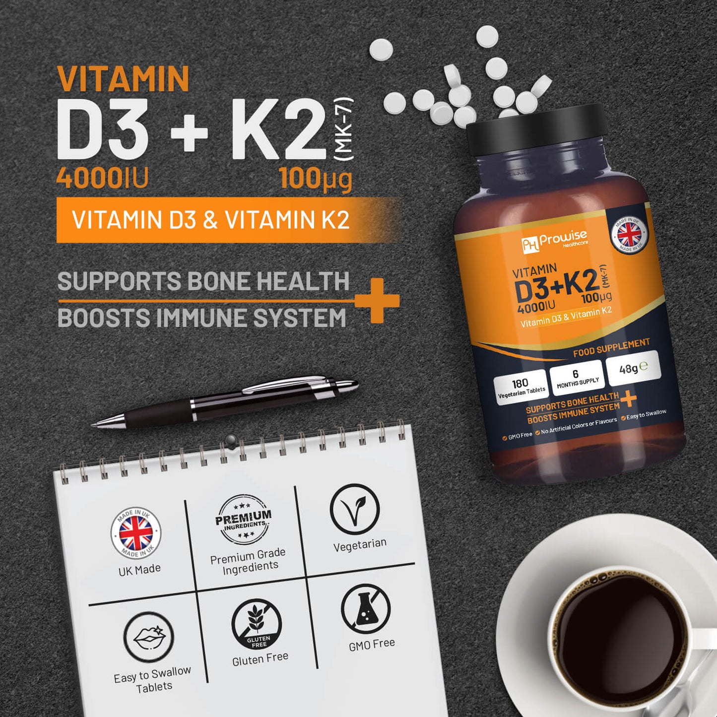 Vitamin D3 4000IU & K2 MK7 100mcg Vegetarian Tablets (180) Immune & Bone Support