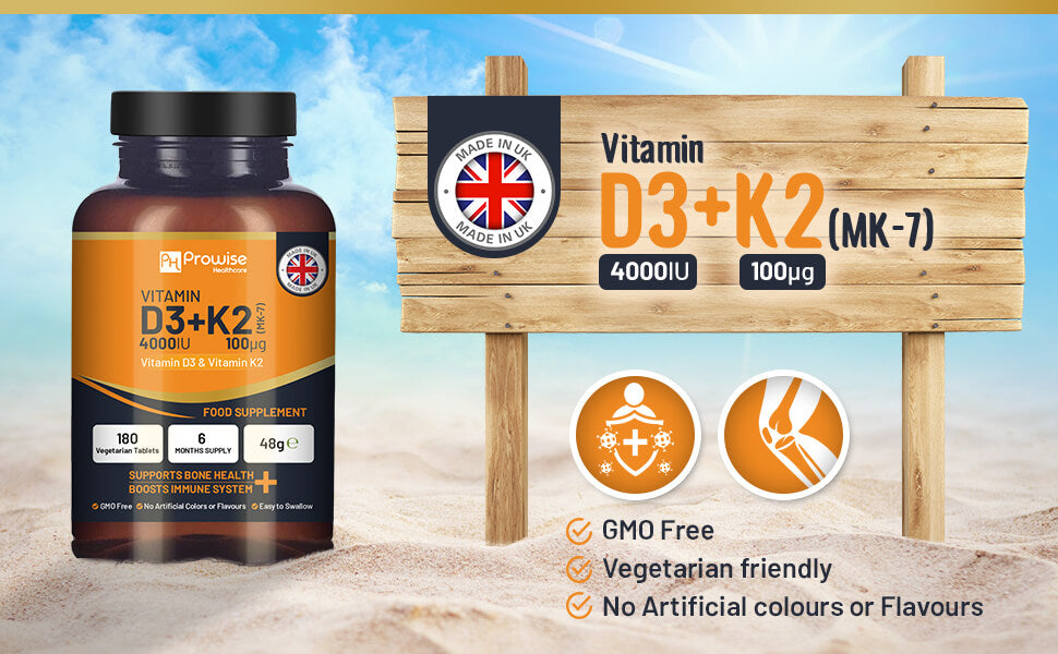 Vitamin D3 4000IU & K2 MK7 100mcg Vegetarian Tablets (180) Immune & Bone Support