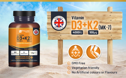 Vitamin D3 4000IU & K2 MK7 100mcg Vegetarian Tablets (180) Immune & Bone Support