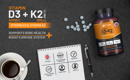 Vitamin D3 4000IU & K2 MK7 100mcg Vegetarian Tablets (180) Immune & Bone Support