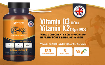 Vitamin D3 4000IU & K2 MK7 100mcg Vegetarian Tablets (180) Immune & Bone Support