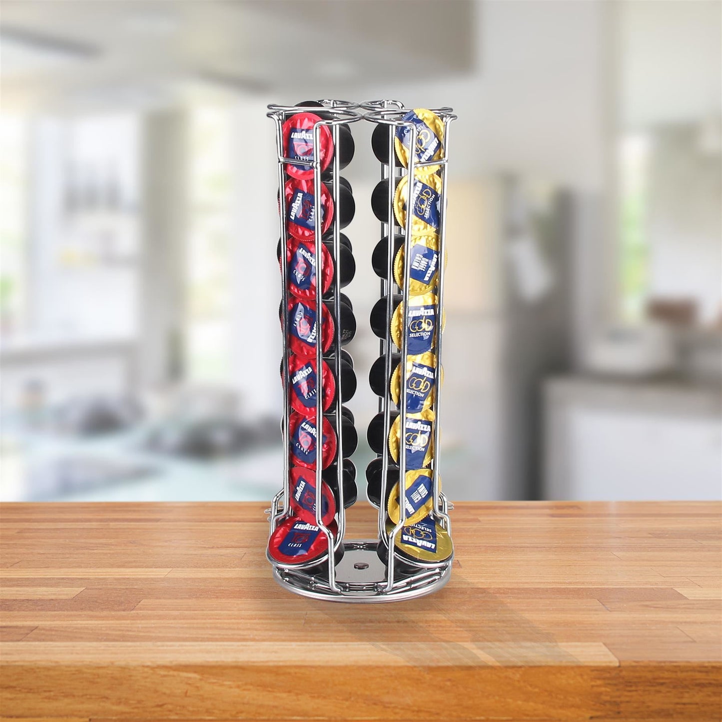 32-Capsule Revolving Coffee Pod Holder — Rotating Chrome Stand for Espresso Capsules