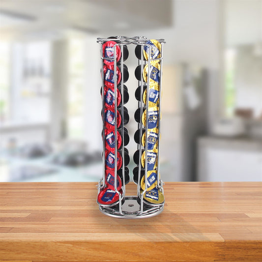 32-Capsule Revolving Coffee Pod Holder — Rotating Chrome Stand for Espresso Capsules