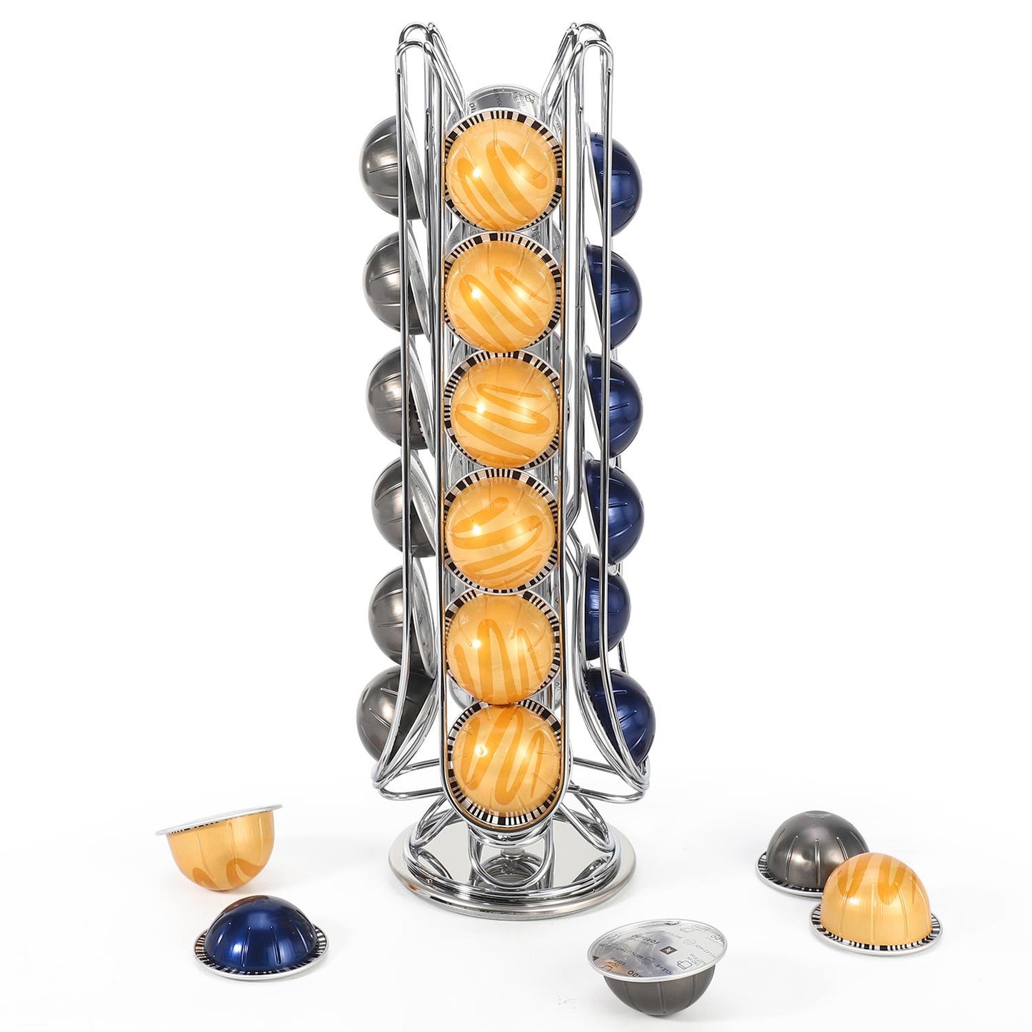 Revolving Coffee Pod Stand — 24-Capsule Holder for Vertuo, Chrome & Black