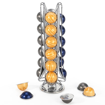 Revolving Coffee Pod Stand — 24-Capsule Holder for Vertuo, Chrome & Black