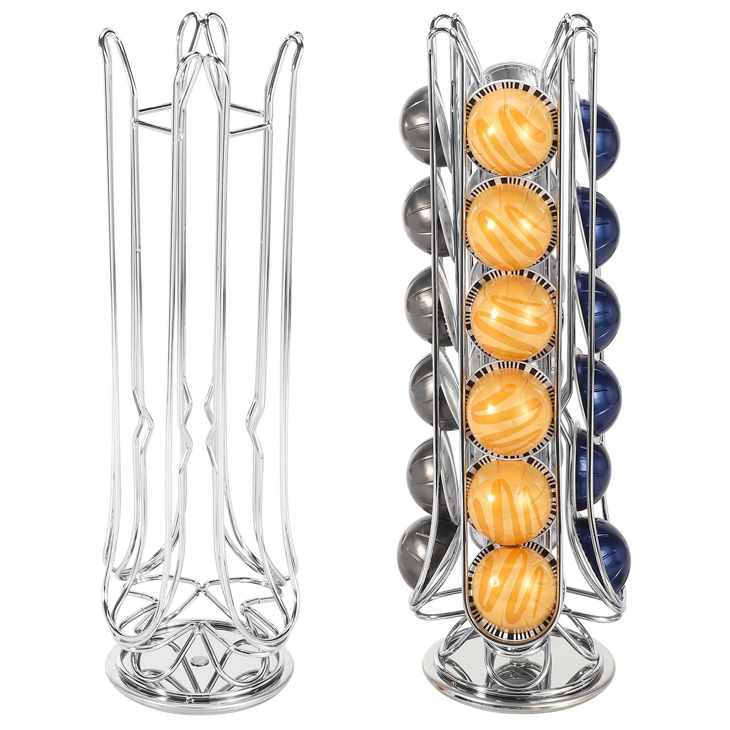 Revolving Coffee Pod Stand — 24-Capsule Holder for Vertuo, Chrome & Black