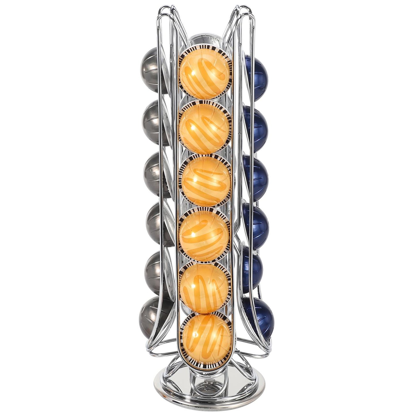 Revolving Coffee Pod Stand — 24-Capsule Holder for Vertuo, Chrome & Black
