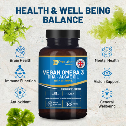 Prowise Vegan Omega-3 DHA Algae Oil, 60 Softgels with Vitamin E (400mg DHA) HTML