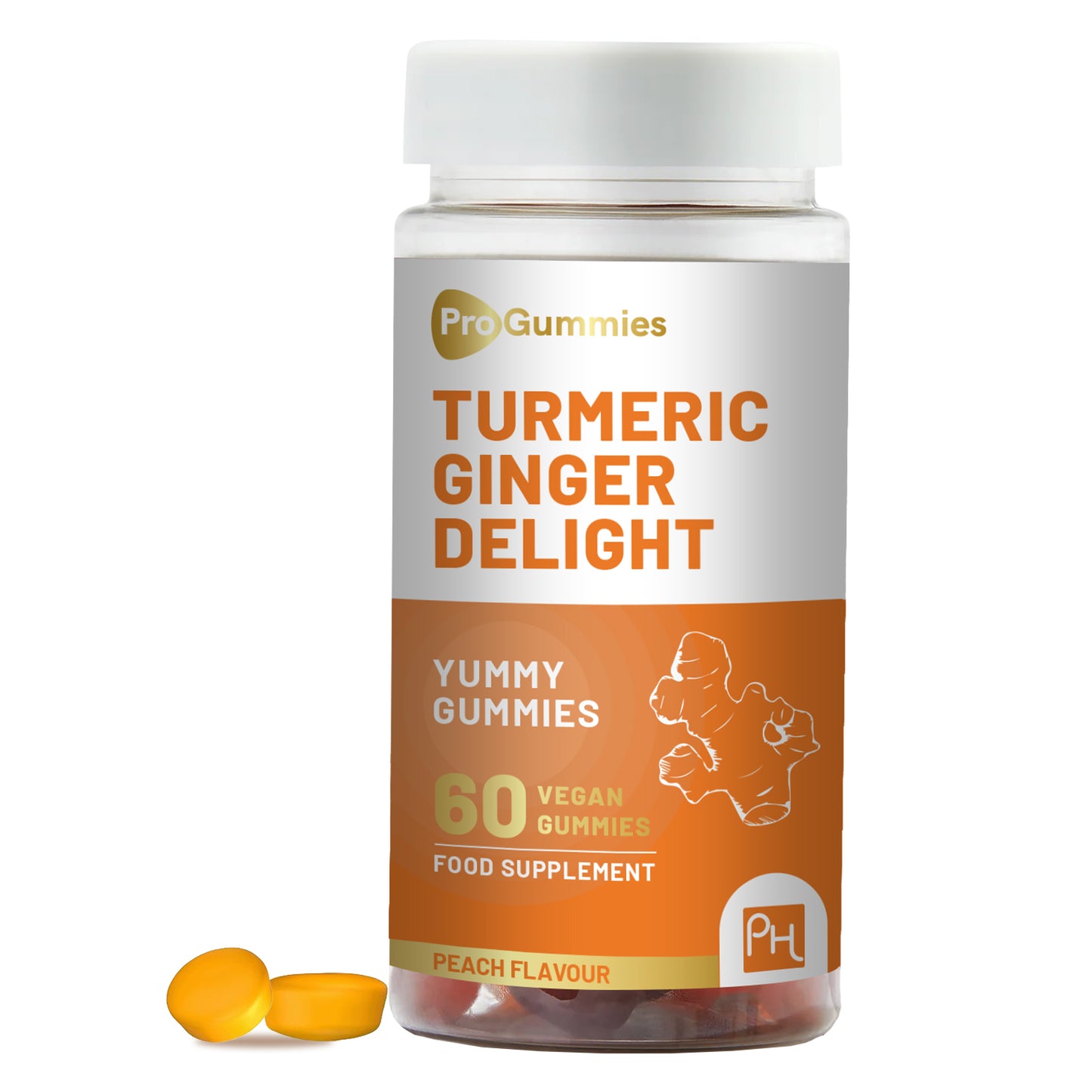Turmeric & Ginger Vegan Gummies | 60 Natural Peach Pro Gummies