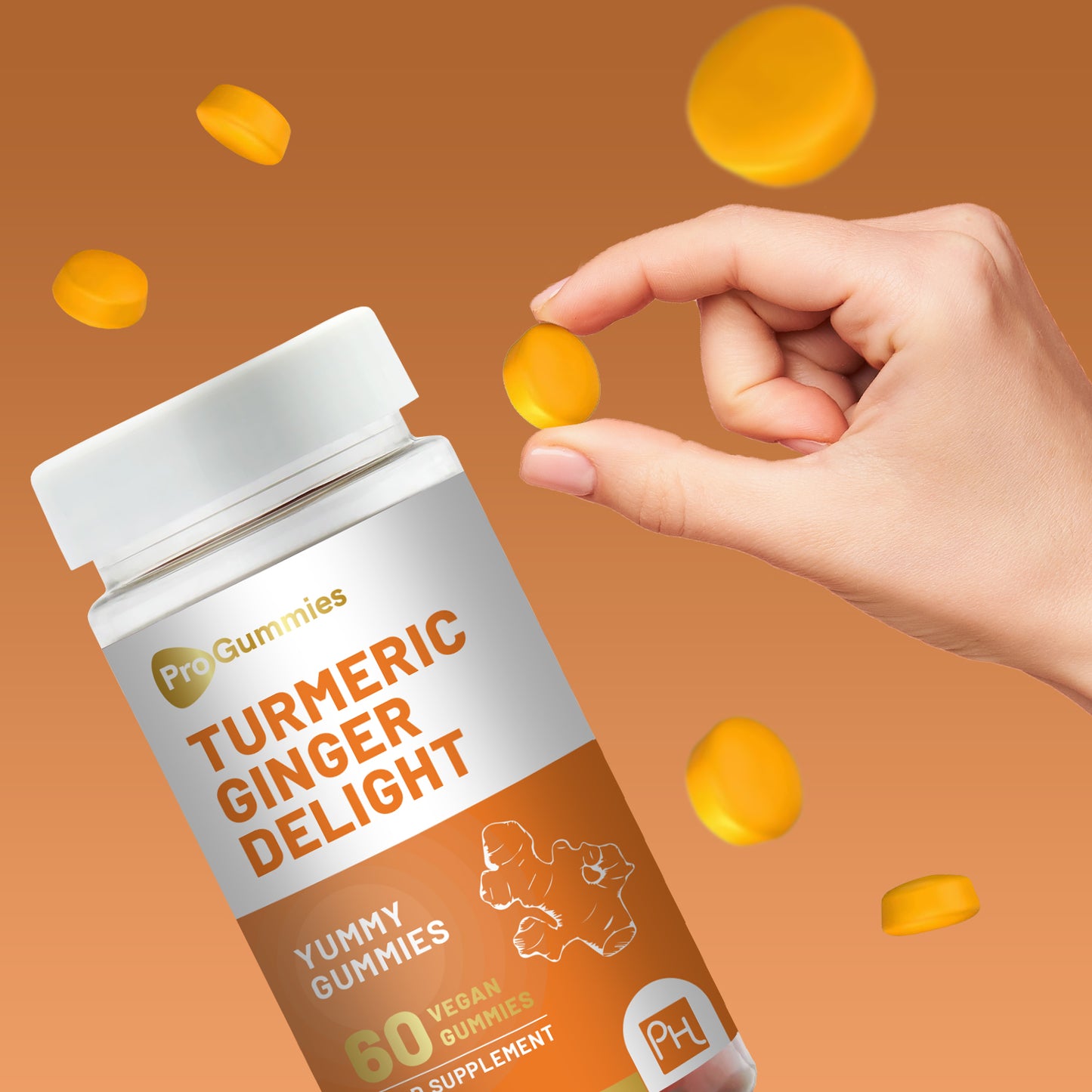 Turmeric & Ginger Vegan Gummies | 60 Natural Peach Pro Gummies