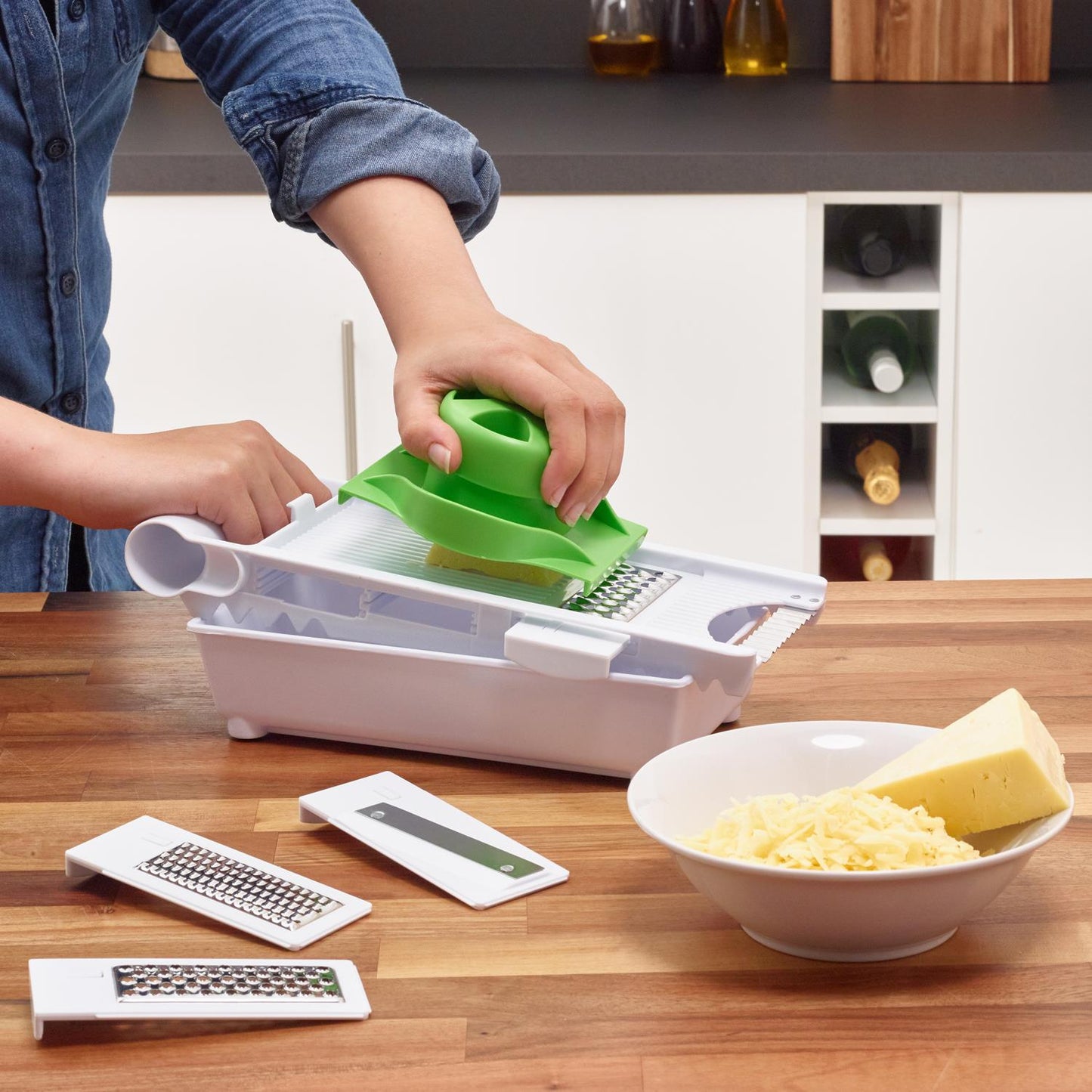 6-in-1 Multi-Grater & Slicer — 5 Interchangeable Blades, Food Holder & Safety Pusher