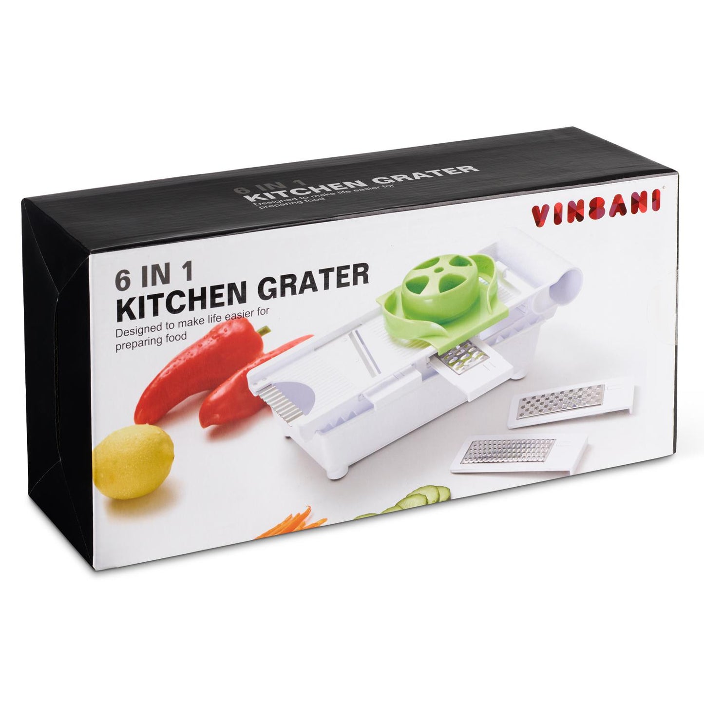 6-in-1 Multi-Grater & Slicer — 5 Interchangeable Blades, Food Holder & Safety Pusher