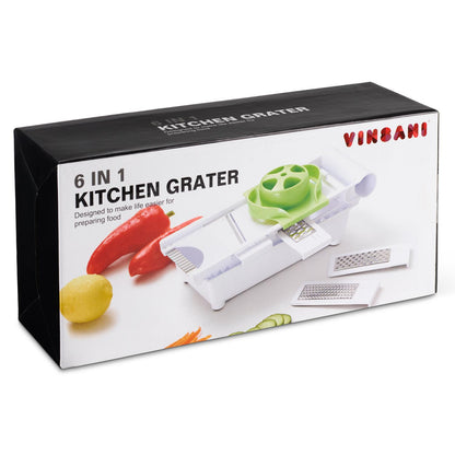6-in-1 Multi-Grater & Slicer — 5 Interchangeable Blades, Food Holder & Safety Pusher