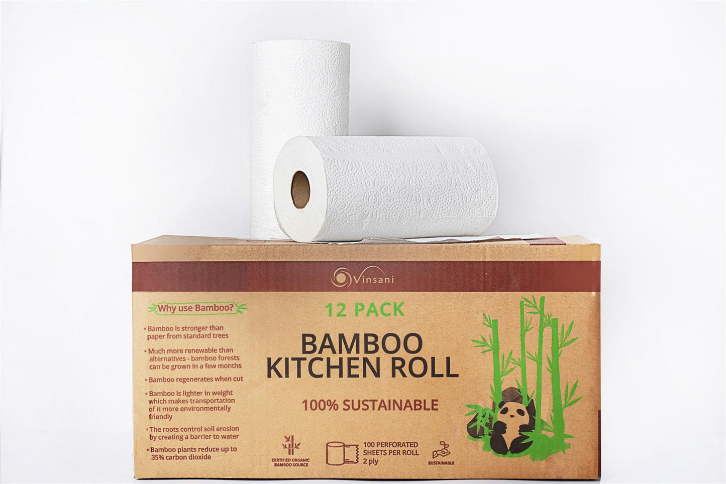Bamboo Kitchen Roll Towels — 12-Pack, Eco-Friendly, Super Absorbent, 1200 Sheets