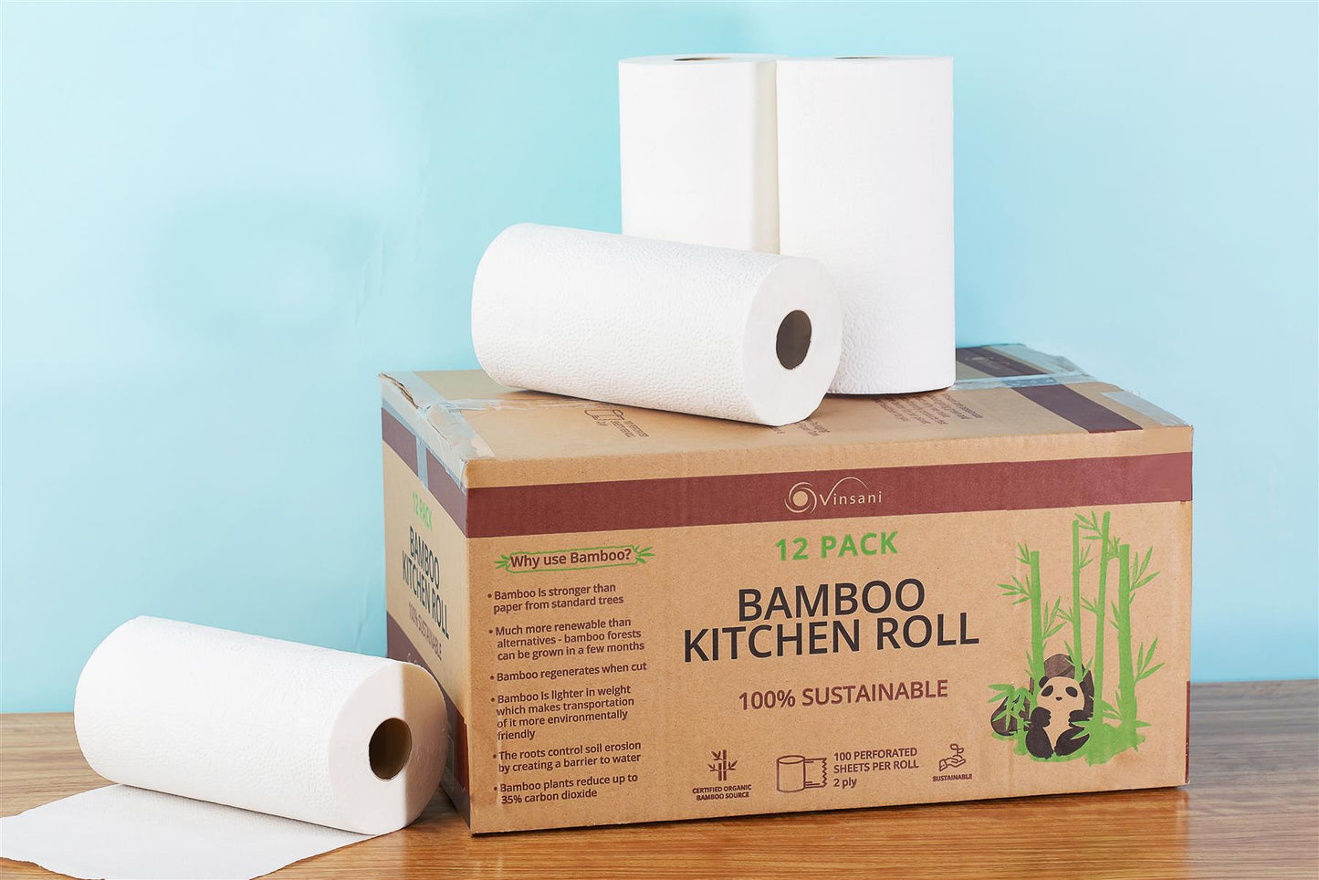 Bamboo Kitchen Roll Towels — 12-Pack, Eco-Friendly, Super Absorbent, 1200 Sheets