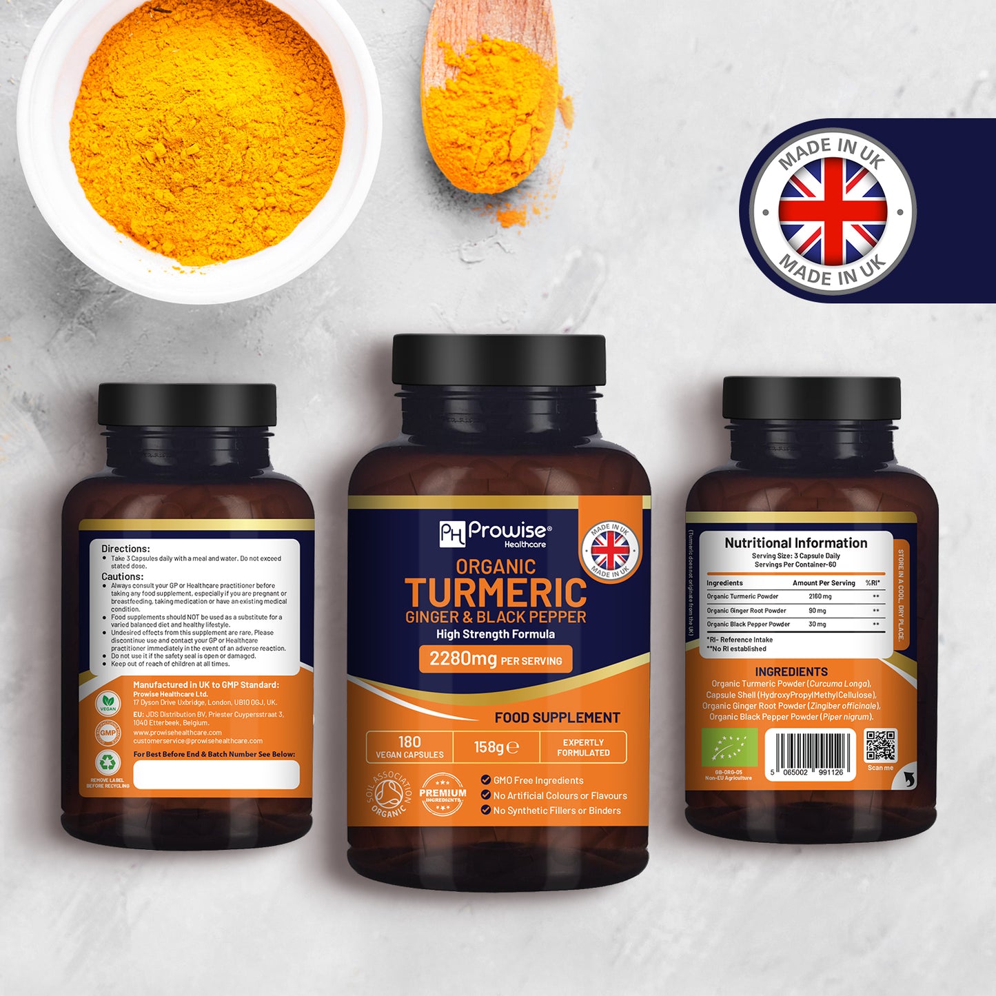 Organic Turmeric 2280mg Capsules w/ Black Pepper & Ginger | 180 Vegan Caps
