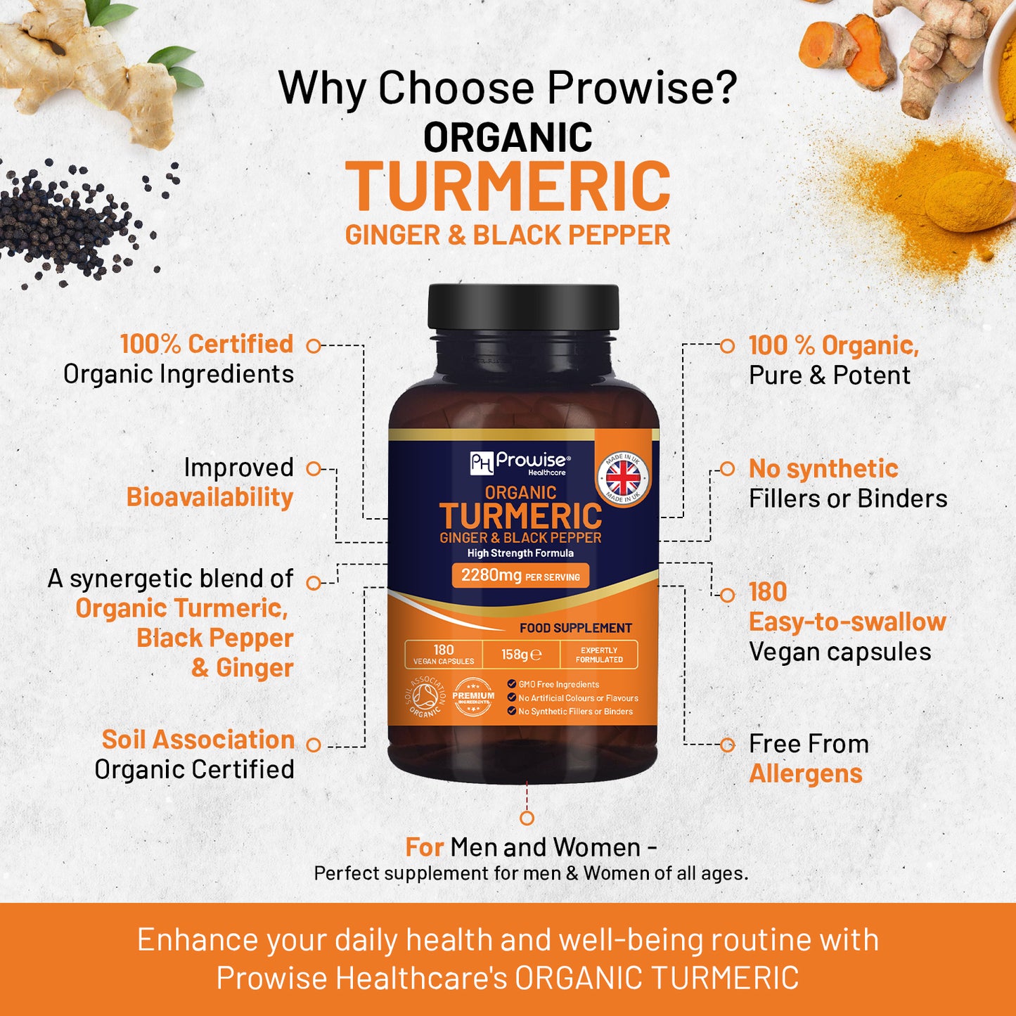 Organic Turmeric 2280mg Capsules w/ Black Pepper & Ginger | 180 Vegan Caps