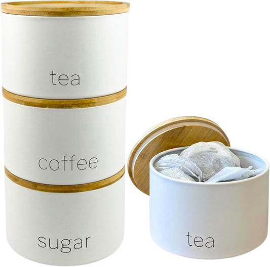 3 Piece Steel Tea Coffee Sugar Set - Airtight Food Storage Jars with Wooden Lids - Contemporary Kitchen Countertop Tidy Containers