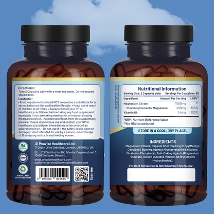 Magnesium Citrate 1500mg Capsules with Vitamin B6 | 120 Vegan Tablets