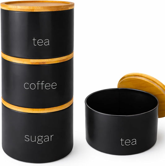 3 Piece Steel Tea Coffee Sugar Set - Airtight Food Storage Jars with Wooden Lids - Contemporary Kitchen Countertop Tidy Containers