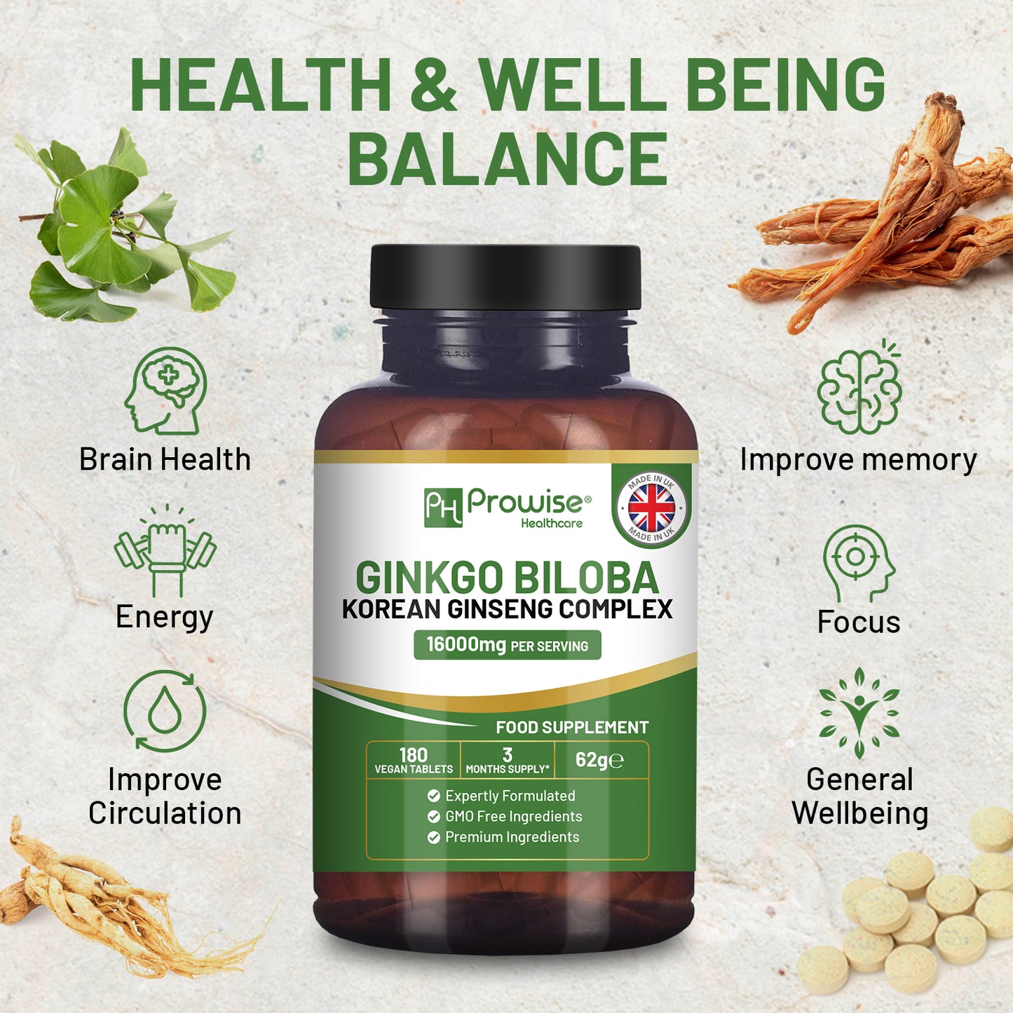 Prowise Ginkgo Biloba & Korean Ginseng Tablets 16,000mg Vegan (180)