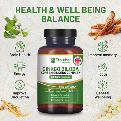 Prowise Ginkgo Biloba & Korean Ginseng Tablets 16,000mg Vegan (180)