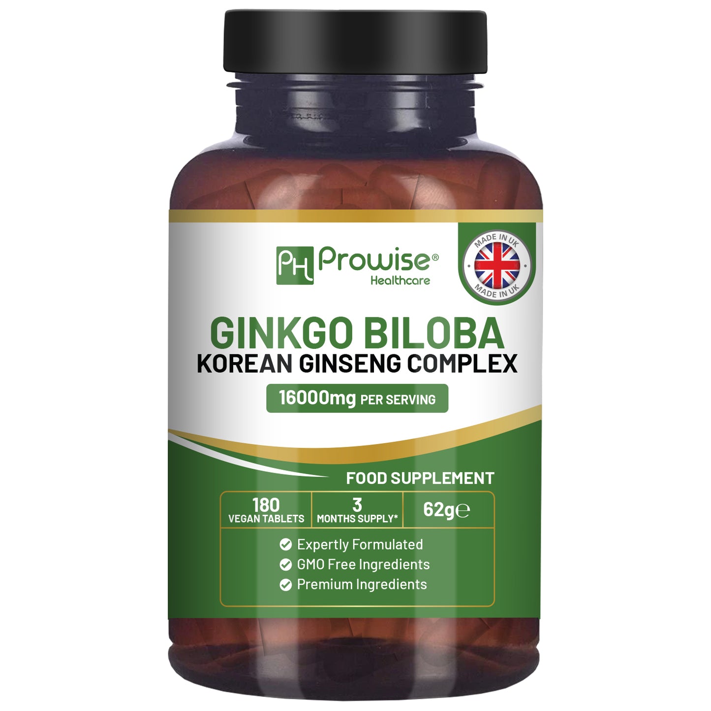 Prowise Ginkgo Biloba & Korean Ginseng Tablets 16,000mg Vegan (180)