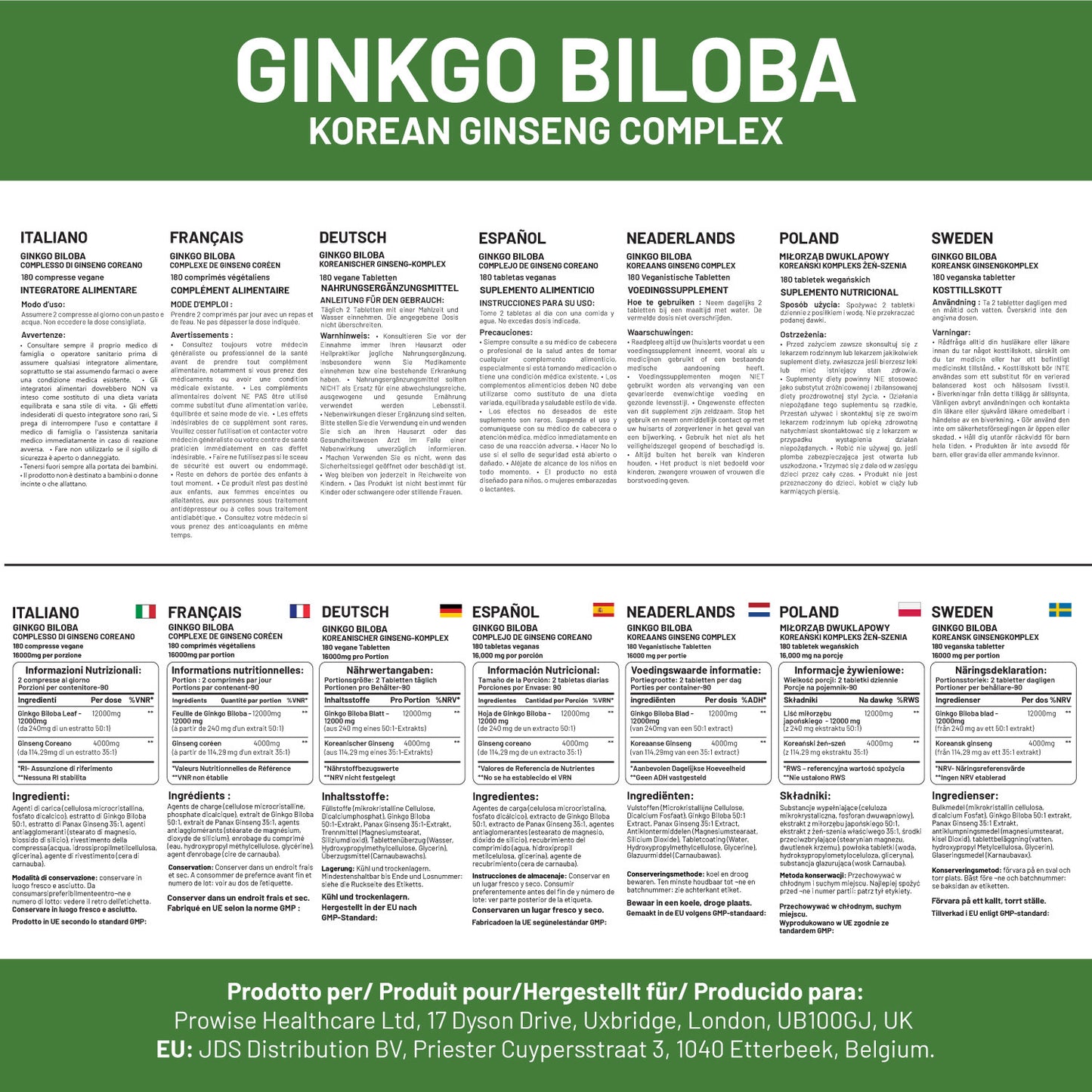 Prowise Ginkgo Biloba & Korean Ginseng Tablets 16,000mg Vegan (180)