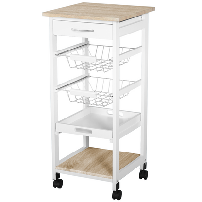 5-Tier Kitchen Storage Trolley with Drawer & Wheels — MDF, White & Pine Frame