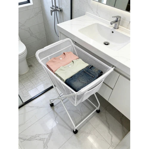 No Bend Laundry Trolley Basket With Wheels Foldable Washing Cart & Peg Pocket