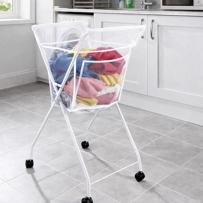 No Bend Laundry Trolley Basket With Wheels Foldable Washing Cart & Peg Pocket