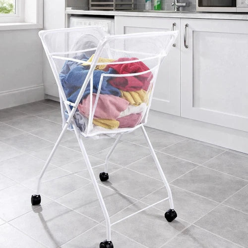 No Bend Laundry Trolley Basket With Wheels Foldable Washing Cart & Peg Pocket
