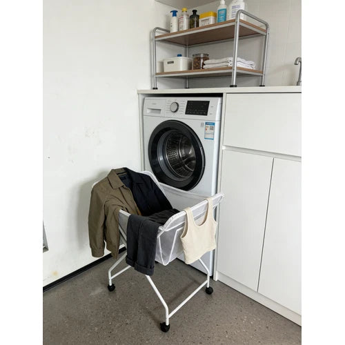 No Bend Laundry Trolley Basket With Wheels Foldable Washing Cart & Peg Pocket